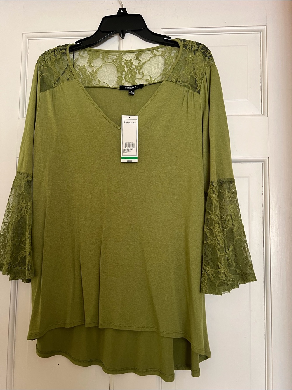 Relativity Olive Green Lace-Accent V-Neck Blouse